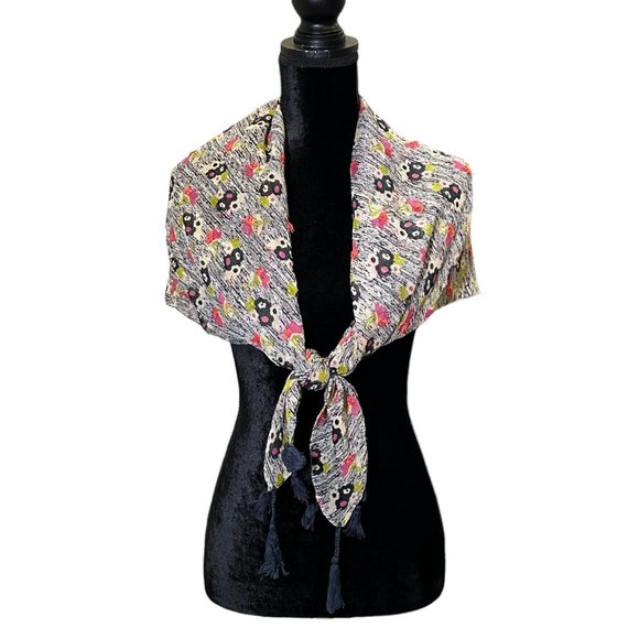 Unbranded Scarf Womens Square Black White Pink Floral Flower Tassel Semi Sheer - Picture 3 of 10